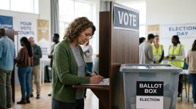 A woman is writing on a ballot at an election station. Several people are waiting in line behind her.