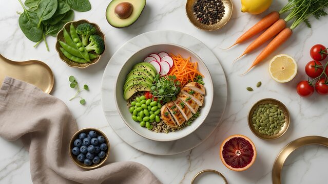 Healthy office meal featuring balanced nutrition, fresh vegetables, lean protein, and wholesome ingredients designed to boost energy and productivity throughout the workday