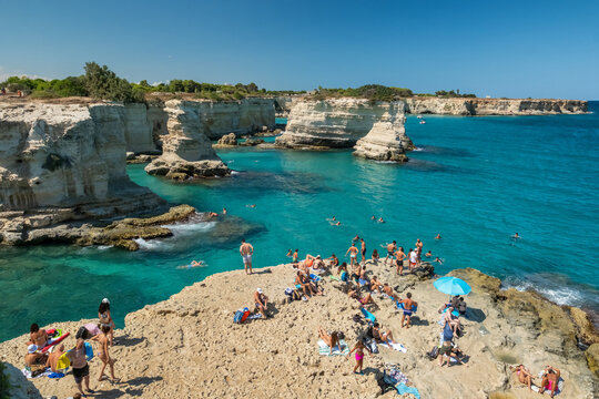 Faraglioni di Sant'Andrea sea stacks and rocky coast in Puglia, Italy