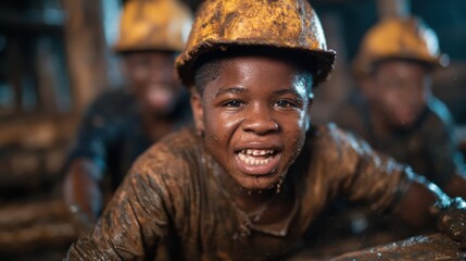 Fototapeta premium A joyful child covered in mud wears a yellow hard hat, showcasing resilience, innocence, and determination in a challenging mining setting, embodying the spirit of hard work.