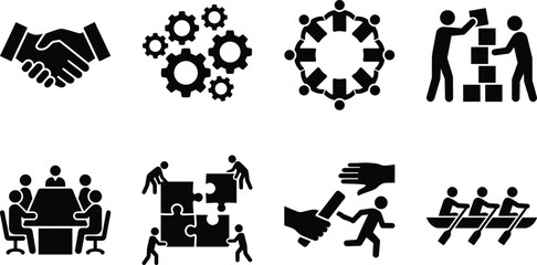 Business teamwork and partnership black silhouette icons set featuring handshake gears puzzle meeting and rowing crew © Anamul Arafat
