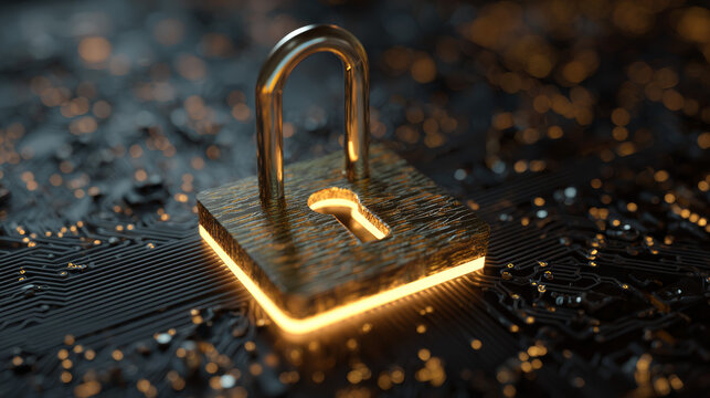 Digital padlock glowing on dark circuit board background, high-tech cyber security protection concept