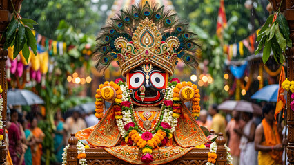 Fototapeta premium Lord Jagannath traditional wooden deity idol on decorated wooden chariot during Rath Yatra festival