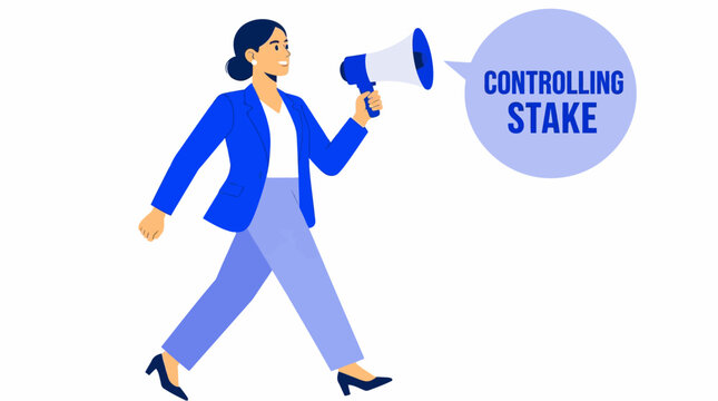 Businesswoman holding megaphone with controlling stake text.