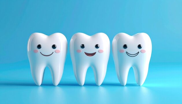 Three happy cartoon teeth characters stand on a blue background, representing dental health and smiling.
