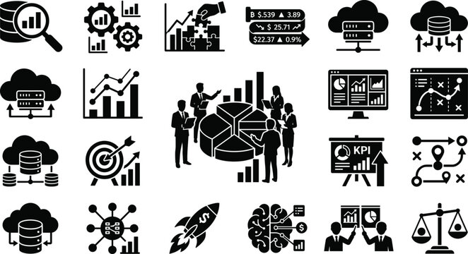 Business data analytics and financial infographic black silhouette icon set isolated on white background