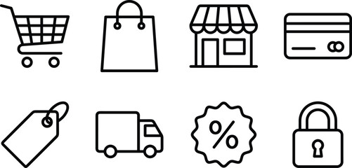 Clean line art icons depicting credit card padlock storefront discount shopping bag wallet cart and tag for commerce © Mdjillur