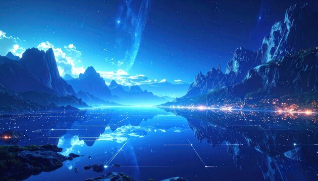 A futuristic, luminous alien landscape with glowing cities and a vast celestial body.