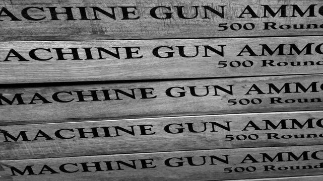 Black and white 1930's movie style of  Machine  gun ammunition boxes , 500 rounds.
