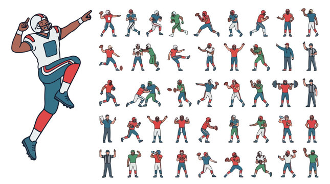 American football player icons set, flat vector sports characters in action poses, football athletes collection for game design and infographics