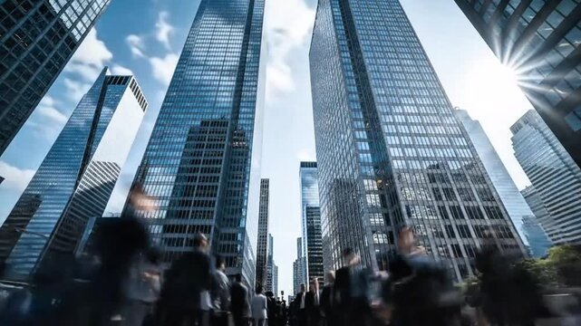 Low angle glass skyscrapers with fast blurred commuting crowd, financial district rush hour timelapse representing corporate business momentum