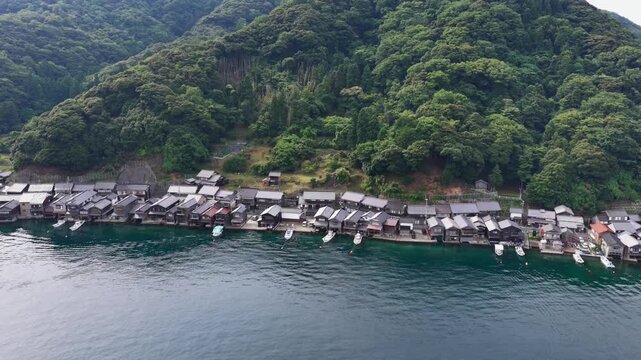 Traditional Funaya Boathouses Along the Waterfront of Ine, Kyoto Japan