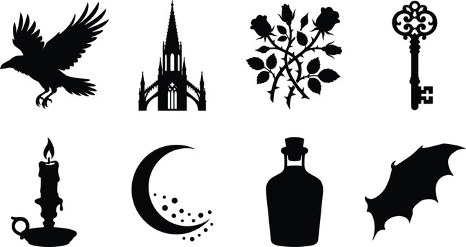 Gothic silhouette icons set featuring raven gothic church rose branches vintage key candle and bat wing