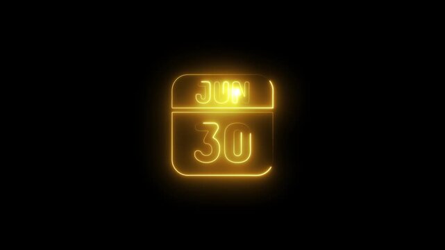 Neon calendar june 30 glowing date animation