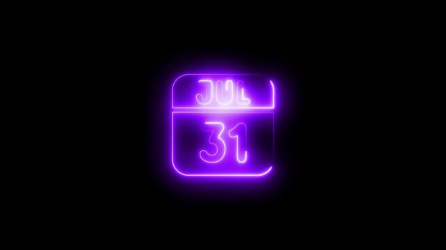 Neon july 31 calendar date glowing purple animation