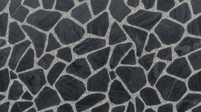 Seamless dark grey slate flagstone paving texture background. Abstract black stone tile mosaic wall or floor pattern.