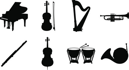 Orchestra musical instruments black silhouette vector icon set isolated on white background for design layout © Anamul Arafat