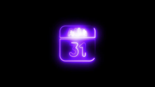 Neon august 31 calendar date glowing purple sign 4k animation video on black background