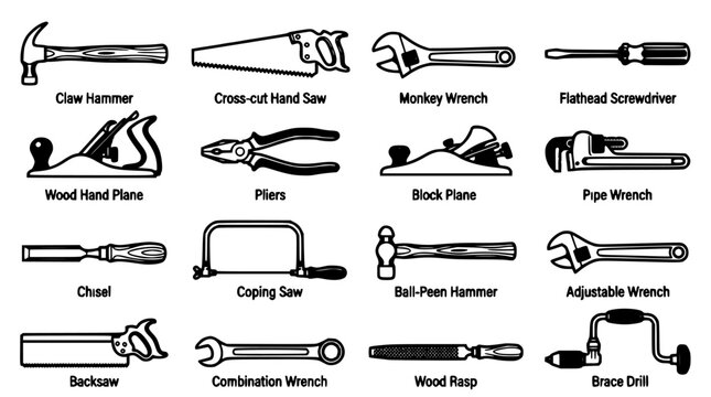 Hand Tools Collection with Vintage Style Line Art of Saws, Planes, Hammers, Wrenches, Screwdrivers, Chisels, and Drills