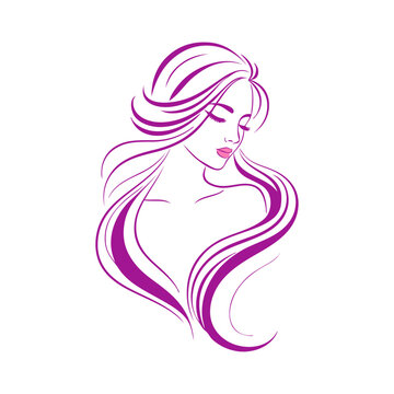 Logotipo de sal&oacute;n de belleza. Dibujo minimalista con l&iacute;neas de la cabeza y torso de una mujer de perfil, con los ojos cerrados, con peinado con ondas en color rosa 