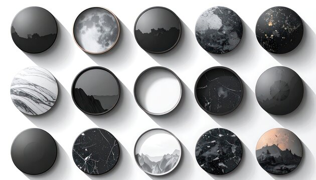 A collection of circular objects with varied textures and scenic reflections, casting shadows on a white background.