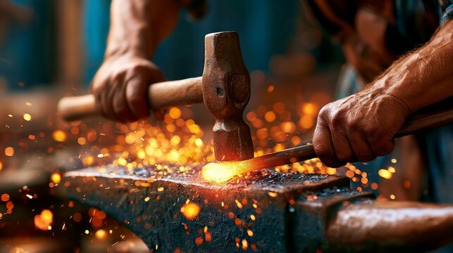 Intense Blacksmith at Work Crafting Glowing Metal on Anvil with Hammer and Sparks Flying