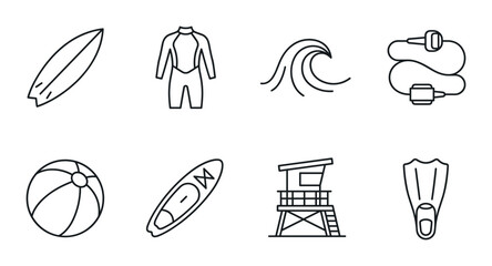 Ocean Surf Icons Set: Surfboard, Wetsuit, Wave, Leash, Beach Ball, Paddleboard, Lifeguard Tower, Flippers, Vector Graphics for Summer Sports and Beach Lifestyle © Bundleprohub