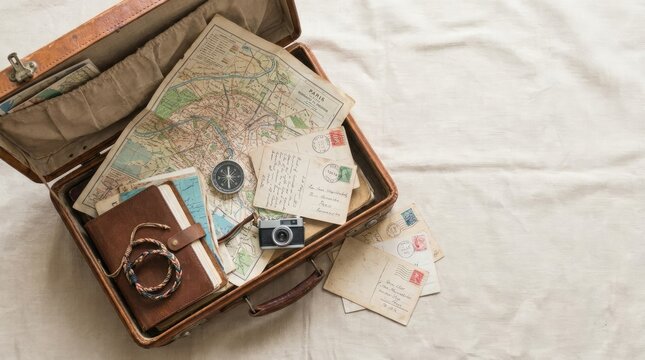 An open vintage leather suitcase sits on a white bedspread, filled with old maps, postcards, a journal, a camera, and stamps.