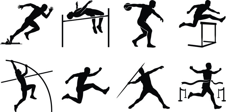 Track and Field Athletes Silhouette Vector Set Featuring Running Hurdling Pole Vault and Javelin Throwing Events
