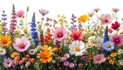Fototapeta premium A vibrant and colorful display of a wide variety of wildflowers in full bloom, set against a clean white background.