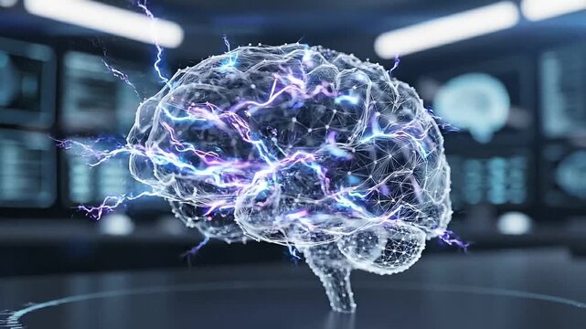 3D holographic human brain with glowing electrical synapses and digital neural network interface in high tech laboratory