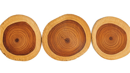 Isolated natural wood texture of three tree trunk cross sections with visible annual rings © Oisin