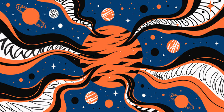 Cosmic illustration with planets stars abstract shapes in blue orange black illustration abstract background universe celestial creative imaginary aesthetic contemporary wallpaper interior