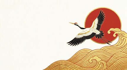 Obraz premium traditional japanese flying crane bird over golden waves and red sun. asian art background with copyspace. print design, greeting card, banner, website header.
