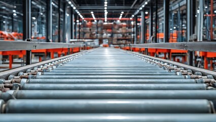 Naklejka premium Industrial Conveyor Roller System Inside Modern Logistics Facility