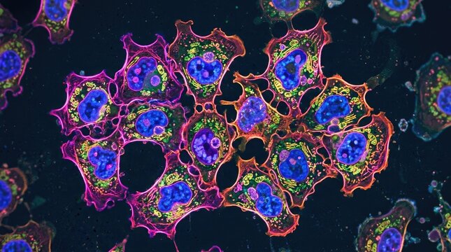 Microscopic image reveals a dense cluster of cells exhibiting complex cellular structures.