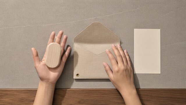 Return Envelope Flat Lay with Hands and Wooden Object on Stone Surface for Packaging Design