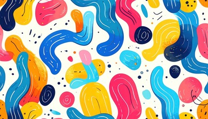 Fototapeta premium A vibrant and playful abstract pattern featuring colorful, organic shapes and dots on a light background.