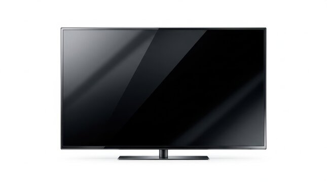 Blank black smart TV screen mockup on stand isolated on white background