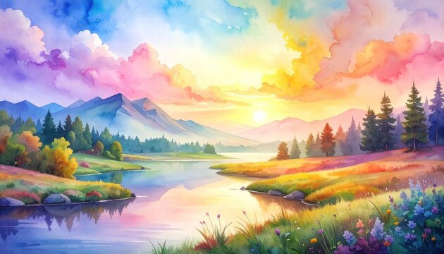 A vibrant watercolor landscape depicts a serene lake surrounded by rolling hills, majestic mountains, and lush forests under a sky ablaze with the colors of sunrise or sunset.
