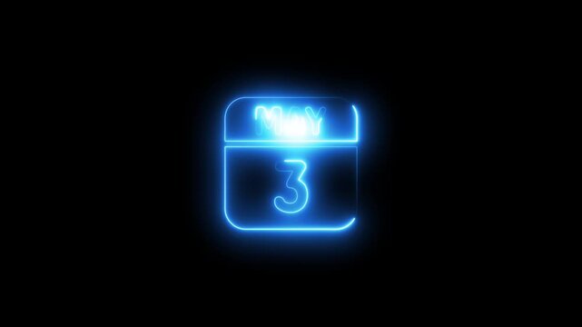 Glowing neon may 3rd calendar date animation on black background