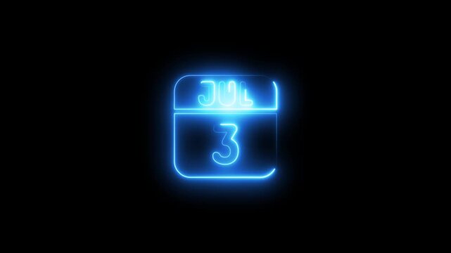 Glowing neon calendar july 3rd date animation