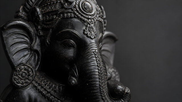 Intricate black ganesha statue close up on dark grey background