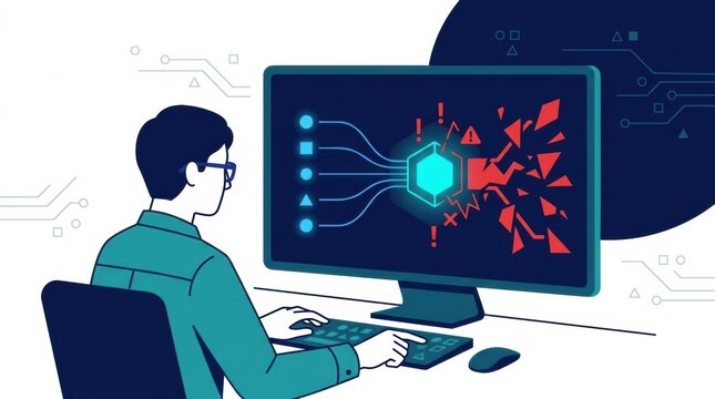 A person sits at a computer analyzing AI systems, focusing on red-teaming methods for enhancing responsible AI governance and ethics.