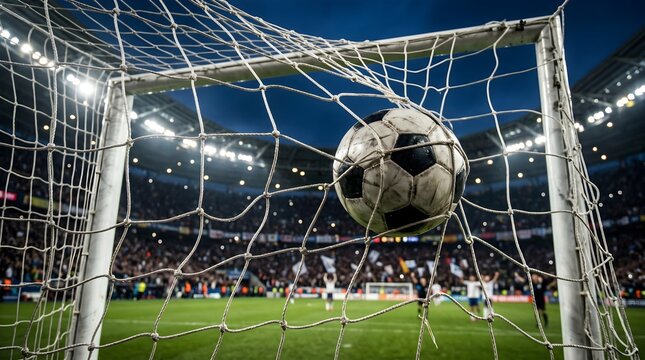 Cinematic Football Goal Net Perspective with Ball Embedded After Scoring Moment