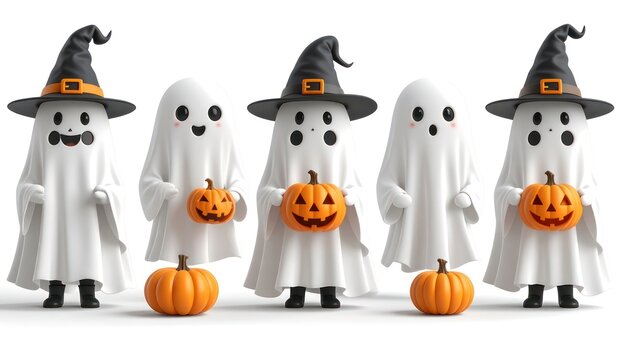 Five adorable cartoon ghosts with Halloween pumpkins and witch hats.