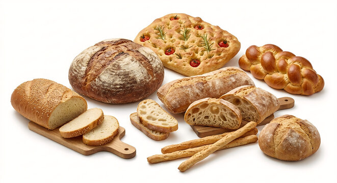 various types of italian bread issolated on white