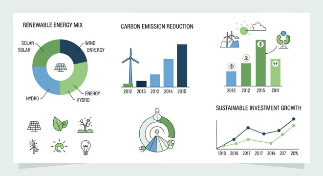 Sustainable energy infographic, eco-friendly icons, renewable resources, green technology, environmental charts