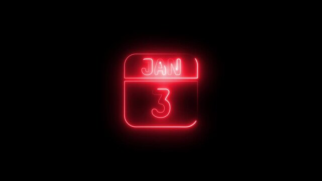 Neon calendar date january 3rd glowing red sign