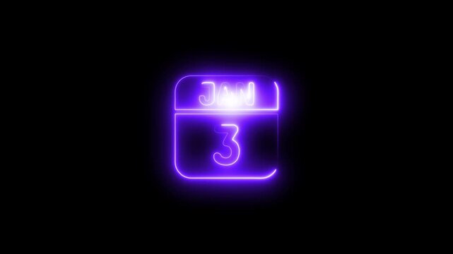 Glowing neon calendar january 3rd date animation third